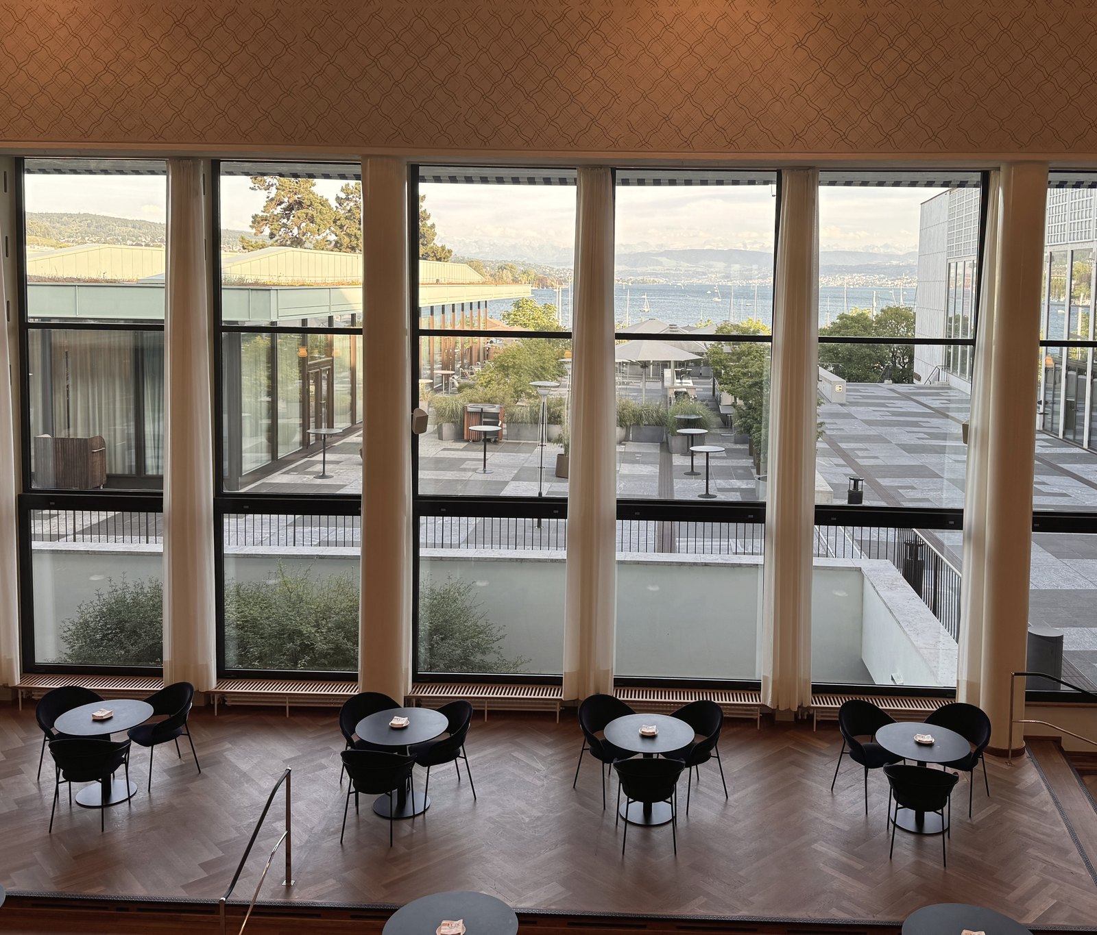 Foyer of a Zurich concert hall overlooking Lake Zurich, the setting for corporate events with live music